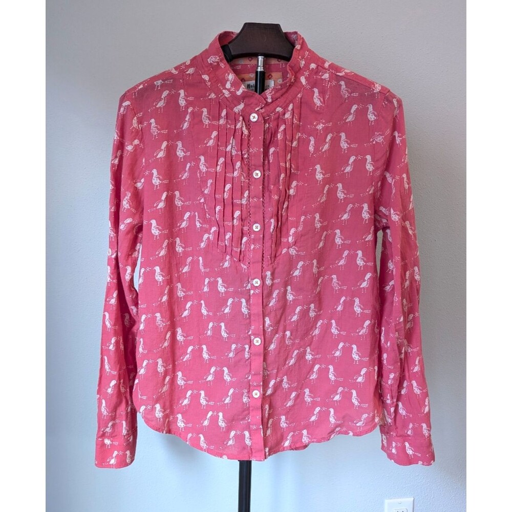 Holding Horses Blouse Pink Bird Print Anthropologie Long Sleeve Cotton Women's 8